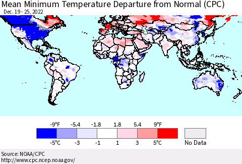 World Mean Minimum Temperature Departure from Normal (CPC) Thematic Map For 12/19/2022 - 12/25/2022