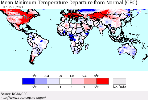 World Mean Minimum Temperature Departure from Normal (CPC) Thematic Map For 1/2/2023 - 1/8/2023