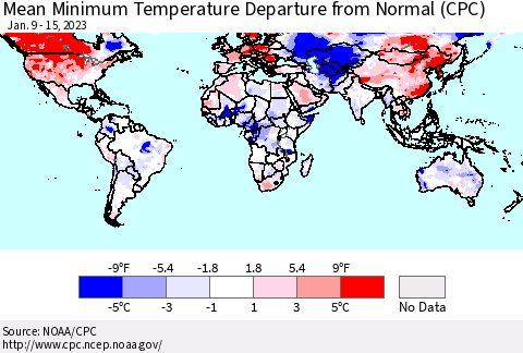 World Mean Minimum Temperature Departure from Normal (CPC) Thematic Map For 1/9/2023 - 1/15/2023