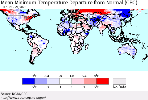 World Mean Minimum Temperature Departure from Normal (CPC) Thematic Map For 1/23/2023 - 1/29/2023