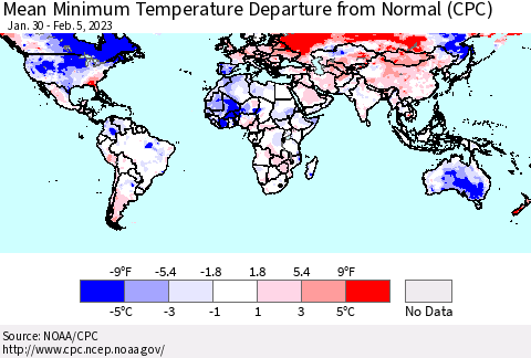 World Mean Minimum Temperature Departure from Normal (CPC) Thematic Map For 1/30/2023 - 2/5/2023