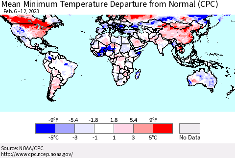 World Mean Minimum Temperature Departure from Normal (CPC) Thematic Map For 2/6/2023 - 2/12/2023
