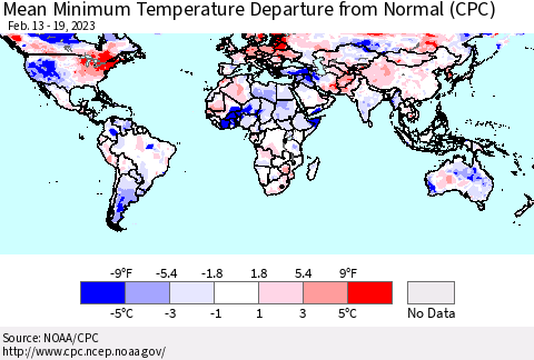 World Mean Minimum Temperature Departure from Normal (CPC) Thematic Map For 2/13/2023 - 2/19/2023