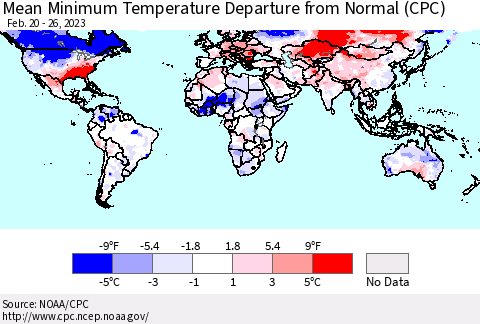 World Mean Minimum Temperature Departure from Normal (CPC) Thematic Map For 2/20/2023 - 2/26/2023