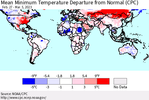 World Mean Minimum Temperature Departure from Normal (CPC) Thematic Map For 2/27/2023 - 3/5/2023