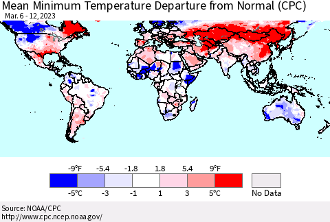World Mean Minimum Temperature Departure from Normal (CPC) Thematic Map For 3/6/2023 - 3/12/2023