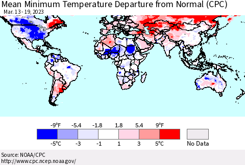 World Mean Minimum Temperature Departure from Normal (CPC) Thematic Map For 3/13/2023 - 3/19/2023