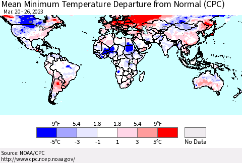 World Mean Minimum Temperature Departure from Normal (CPC) Thematic Map For 3/20/2023 - 3/26/2023
