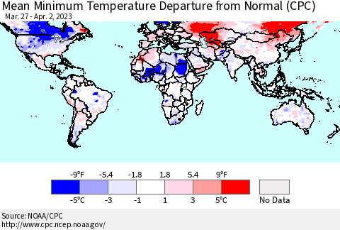 World Mean Minimum Temperature Departure from Normal (CPC) Thematic Map For 3/27/2023 - 4/2/2023