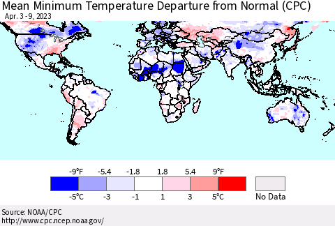 World Mean Minimum Temperature Departure from Normal (CPC) Thematic Map For 4/3/2023 - 4/9/2023