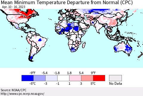World Mean Minimum Temperature Departure from Normal (CPC) Thematic Map For 4/10/2023 - 4/16/2023