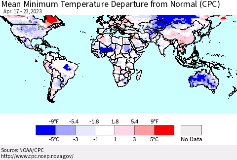 World Mean Minimum Temperature Departure from Normal (CPC) Thematic Map For 4/17/2023 - 4/23/2023