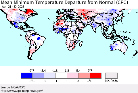 World Mean Minimum Temperature Departure from Normal (CPC) Thematic Map For 4/24/2023 - 4/30/2023