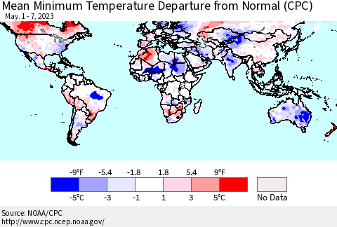 World Mean Minimum Temperature Departure from Normal (CPC) Thematic Map For 5/1/2023 - 5/7/2023