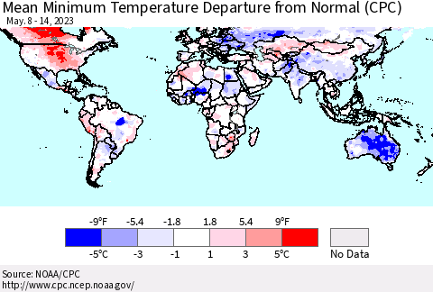 World Mean Minimum Temperature Departure from Normal (CPC) Thematic Map For 5/8/2023 - 5/14/2023
