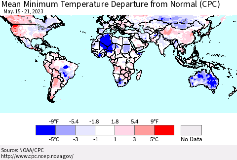 World Mean Minimum Temperature Departure from Normal (CPC) Thematic Map For 5/15/2023 - 5/21/2023