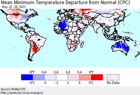 World Mean Minimum Temperature Departure from Normal (CPC) Thematic Map For 5/22/2023 - 5/28/2023