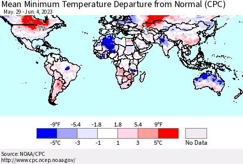 World Mean Minimum Temperature Departure from Normal (CPC) Thematic Map For 5/29/2023 - 6/4/2023