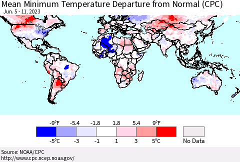 World Mean Minimum Temperature Departure from Normal (CPC) Thematic Map For 6/5/2023 - 6/11/2023