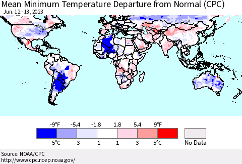 World Mean Minimum Temperature Departure from Normal (CPC) Thematic Map For 6/12/2023 - 6/18/2023