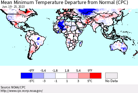 World Mean Minimum Temperature Departure from Normal (CPC) Thematic Map For 6/19/2023 - 6/25/2023