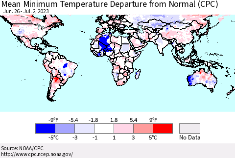 World Mean Minimum Temperature Departure from Normal (CPC) Thematic Map For 6/26/2023 - 7/2/2023