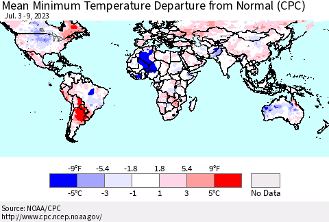 World Mean Minimum Temperature Departure from Normal (CPC) Thematic Map For 7/3/2023 - 7/9/2023