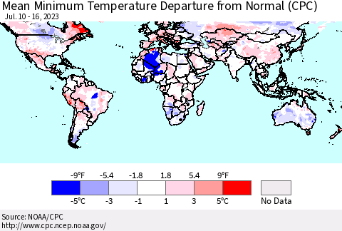 World Mean Minimum Temperature Departure from Normal (CPC) Thematic Map For 7/10/2023 - 7/16/2023