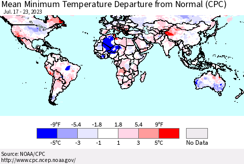 World Mean Minimum Temperature Departure from Normal (CPC) Thematic Map For 7/17/2023 - 7/23/2023