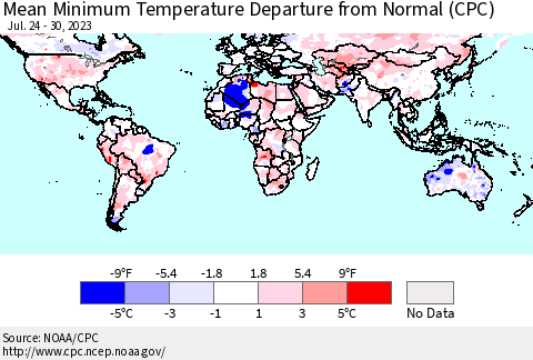 World Mean Minimum Temperature Departure from Normal (CPC) Thematic Map For 7/24/2023 - 7/30/2023