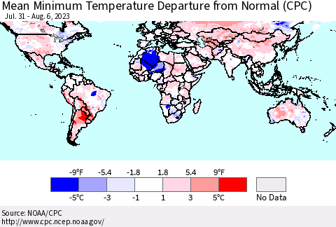 World Mean Minimum Temperature Departure from Normal (CPC) Thematic Map For 7/31/2023 - 8/6/2023