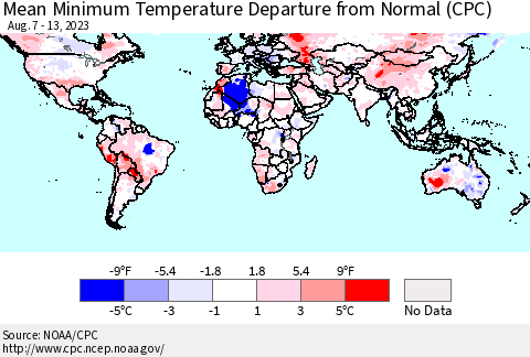 World Mean Minimum Temperature Departure from Normal (CPC) Thematic Map For 8/7/2023 - 8/13/2023