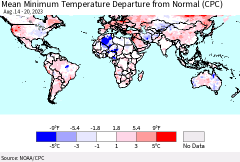World Mean Minimum Temperature Departure from Normal (CPC) Thematic Map For 8/14/2023 - 8/20/2023