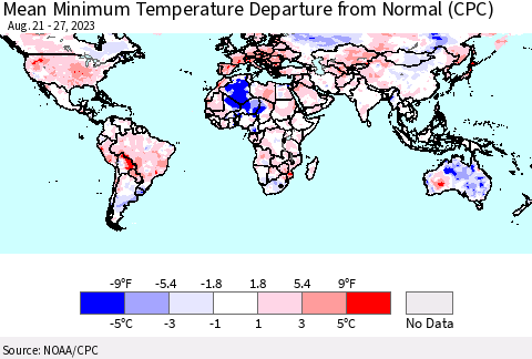 World Mean Minimum Temperature Departure from Normal (CPC) Thematic Map For 8/21/2023 - 8/27/2023