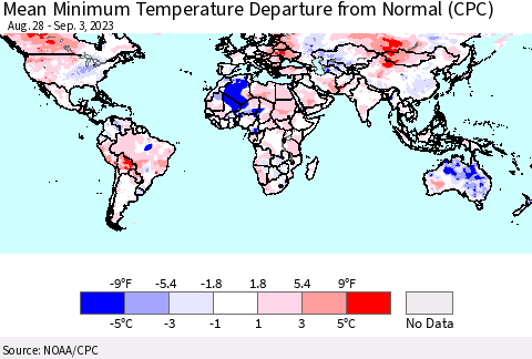 World Mean Minimum Temperature Departure from Normal (CPC) Thematic Map For 8/28/2023 - 9/3/2023