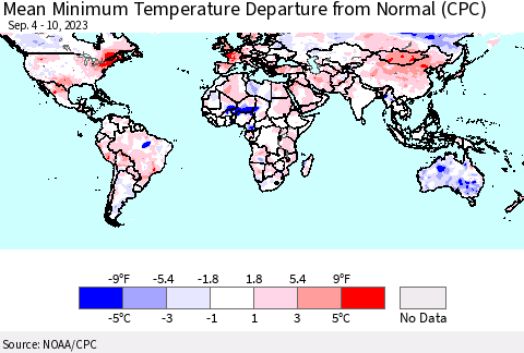 World Mean Minimum Temperature Departure from Normal (CPC) Thematic Map For 9/4/2023 - 9/10/2023