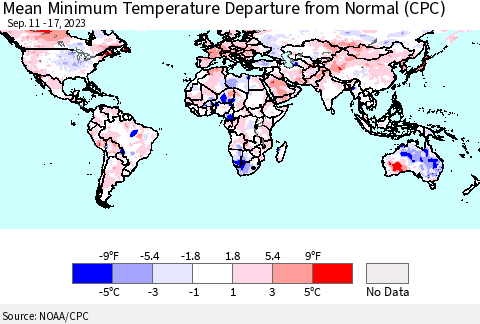 World Mean Minimum Temperature Departure from Normal (CPC) Thematic Map For 9/11/2023 - 9/17/2023