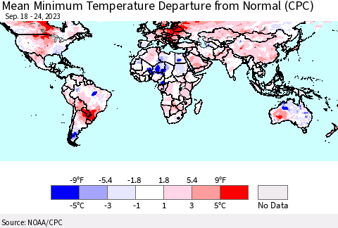World Mean Minimum Temperature Departure from Normal (CPC) Thematic Map For 9/18/2023 - 9/24/2023