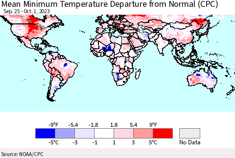 World Mean Minimum Temperature Departure from Normal (CPC) Thematic Map For 9/25/2023 - 10/1/2023