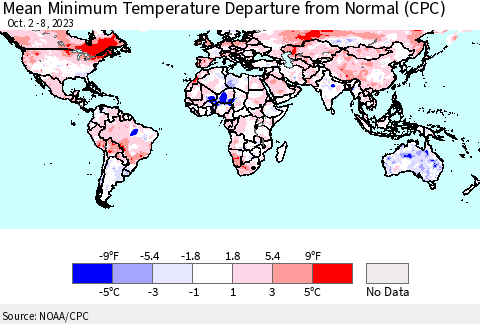World Mean Minimum Temperature Departure from Normal (CPC) Thematic Map For 10/2/2023 - 10/8/2023
