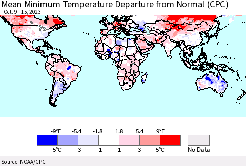 World Mean Minimum Temperature Departure from Normal (CPC) Thematic Map For 10/9/2023 - 10/15/2023