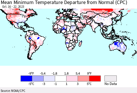 World Mean Minimum Temperature Departure from Normal (CPC) Thematic Map For 10/16/2023 - 10/22/2023