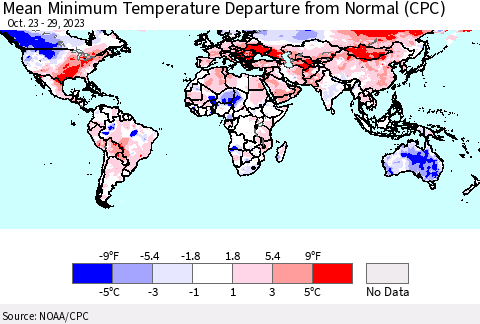 World Mean Minimum Temperature Departure from Normal (CPC) Thematic Map For 10/23/2023 - 10/29/2023