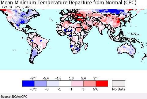 World Mean Minimum Temperature Departure from Normal (CPC) Thematic Map For 10/30/2023 - 11/5/2023