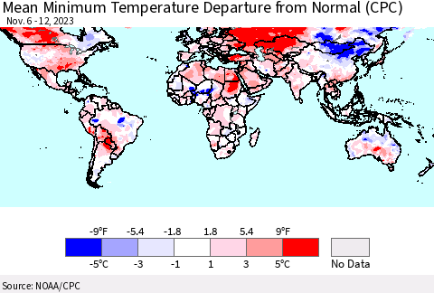 World Mean Minimum Temperature Departure from Normal (CPC) Thematic Map For 11/6/2023 - 11/12/2023