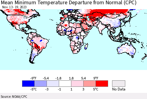 World Mean Minimum Temperature Departure from Normal (CPC) Thematic Map For 11/13/2023 - 11/19/2023