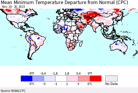 World Mean Minimum Temperature Departure from Normal (CPC) Thematic Map For 11/20/2023 - 11/26/2023