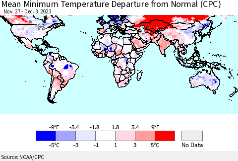 World Mean Minimum Temperature Departure from Normal (CPC) Thematic Map For 11/27/2023 - 12/3/2023