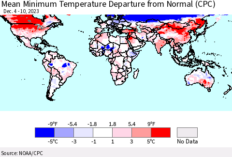 World Mean Minimum Temperature Departure from Normal (CPC) Thematic Map For 12/4/2023 - 12/10/2023