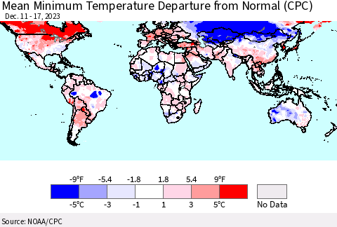 World Mean Minimum Temperature Departure from Normal (CPC) Thematic Map For 12/11/2023 - 12/17/2023